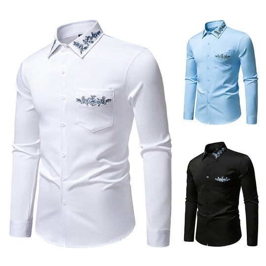 Herren Elegantes Slim-Fit Hemd mit floraler Stickerei am Kragen und aufgesetzter Brusttasche Shop Nory