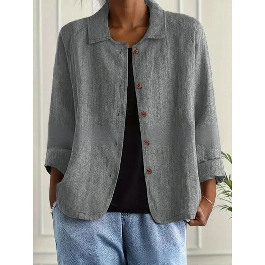 Damen Leichte Leinenoptik-Bluse mit lockerer Passform, 3/4-Ärmeln und Knopfleiste Shop Nory