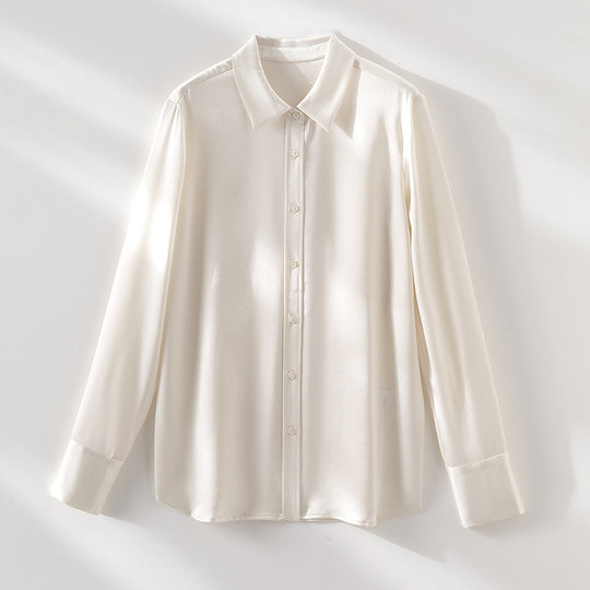Damen Seidenähnliche Bluse mit klassischem Hemdkragen, durchgehender Knopfleiste und verlängerten Manschetten Shop Nory