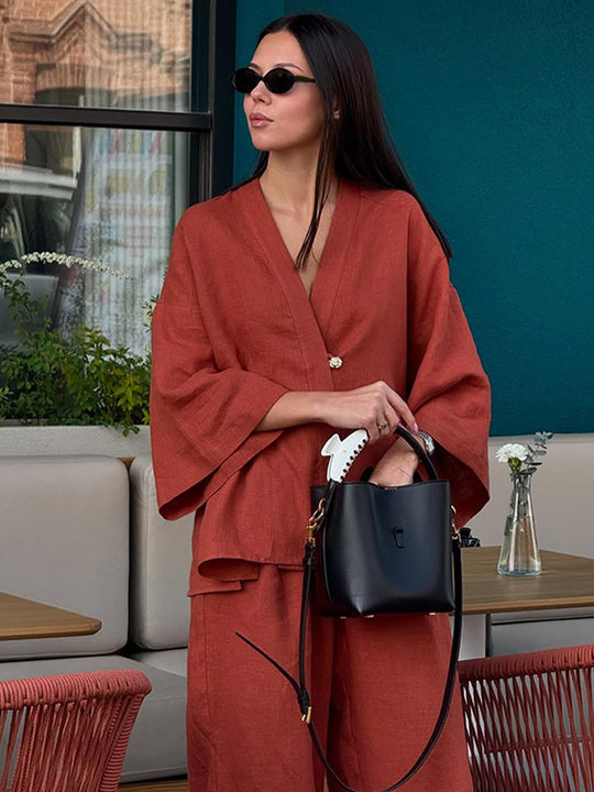 Damen Lässiges Leinenoptik-Zweiteiler mit Kimono-Blazer und weiter Palazzohose Shop Nory