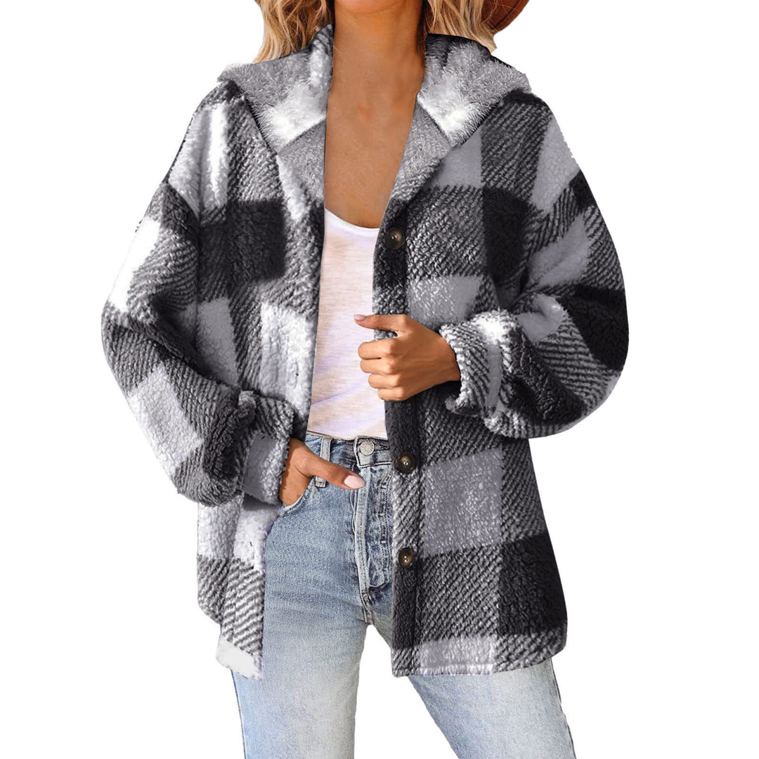 Damen nan kuschelige karierte Teddyjacke mit Kapuze, Knopfverschluss und oversized Schnitt Shop Nory