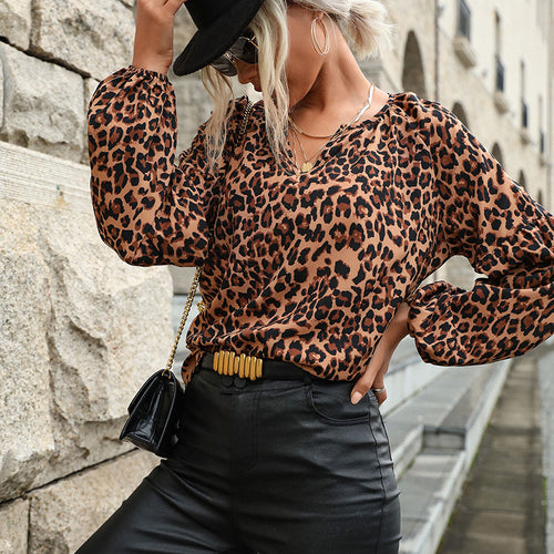 Damen Leopardenprint-Bluse mit V‑Ausschnitt, Ballonärmeln und lockerem Fall Shop Nory