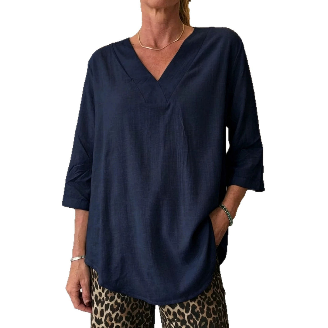 Damen Leichte Oversize V-Ausschnitt Tunika in Leinenoptik mit dreiviertel Ärmeln und abgerundetem Saum Shop Nory