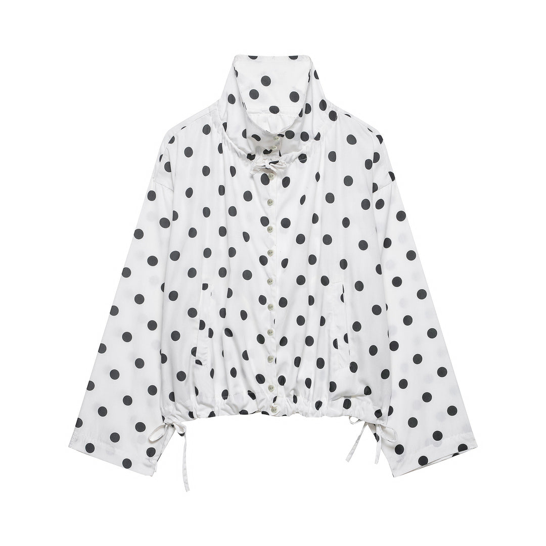 Damen Leichte Bluse im Polka‑Dot‑Design mit Stehkragen, Tunnelzugsaum und Knopfleiste Shop Nory
