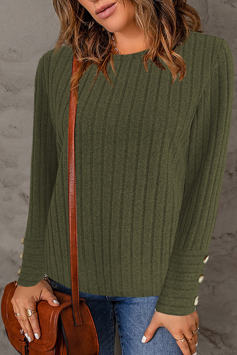 Damen Gerippter Feinstrick-Pullover mit Rundhals und Perlmuttknopf‑Manschetten Shop Nory