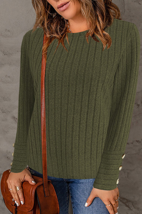 Damen Gerippter Feinstrick-Pullover mit Rundhals und Perlmuttknopf‑Manschetten Shop Nory
