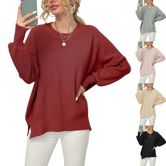 Damen Oversize-Feinstrickpullover mit Rundhalsausschnitt, überschnittener Schulter und Seitenschlitzen Shop Nory