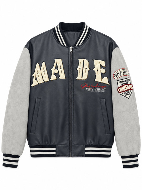 Herren Collegejacke im Letterman‑Style mit Kunstlederkörper und Veloursärmeln Shop Nory