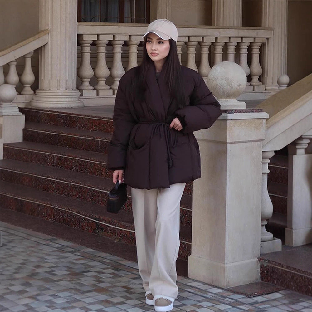 Damen Gesteppte Taillierte Steppjacke mit Schalkragen und Bindegürtel Shop Nory