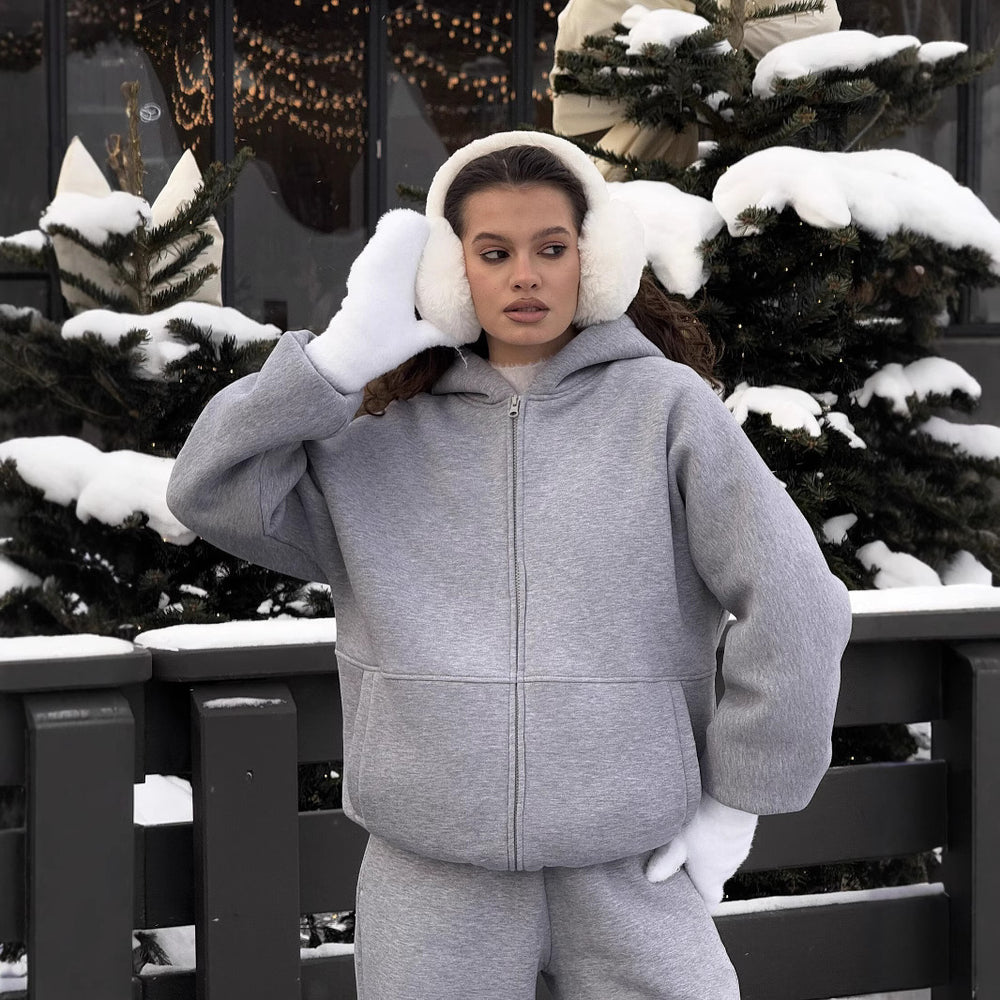 Damen Komfort-Kapuzen-Zipjacke mit verdecktem Reißverschluss, Kängurutasche und gerader Sweat-Hose Shop Nory
