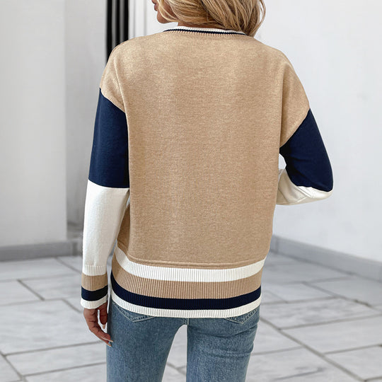 Damen Zweifarbiger Patchwork-Feinstrickpullover mit Rundhalsausschnitt und Rippbündchen Shop Nory