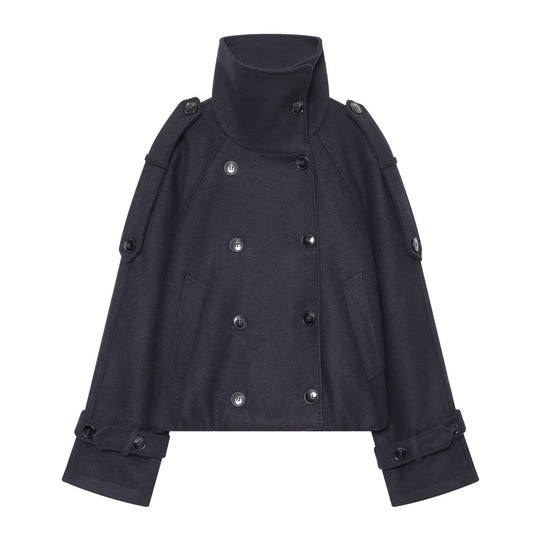 Damen Kurzer Doppelreihiger Cape‑Mantel mit hohem Stehkragen und Epauletten Shop Nory