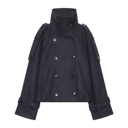 Damen Kurzer Doppelreihiger Cape‑Mantel mit hohem Stehkragen und Epauletten Shop Nory