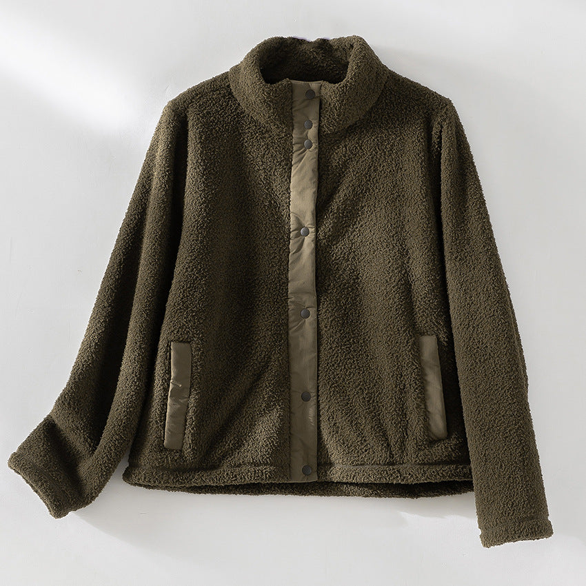 Damen kuschelige Teddy-Fleecejacke mit Stehkragen, Druckknopf-Leiste und kontrastierten Tascheneinfassungen Shop Nory