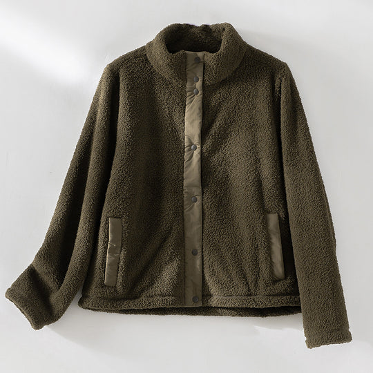 Damen kuschelige Teddy-Fleecejacke mit Stehkragen, Druckknopf-Leiste und kontrastierten Tascheneinfassungen Shop Nory