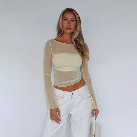 Damen Transparente Langarmbluse mit feinen Netzdetails