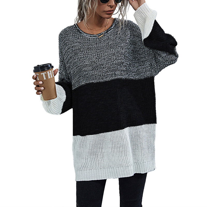 Damen Longline-Grobstrickpullover mit Farbbalken, Rundhalsausschnitt und leicht überschnittener Schulter Shop Nory