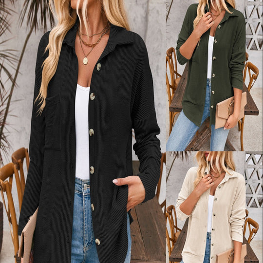 Damen Gerippte Oversize-Hemdjacke mit durchgehender Knopfleiste und Hemdkragen Shop Nory