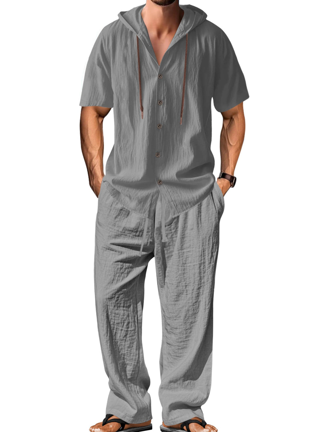 Herren nan luftiges Leinen-Lounge-Set mit kurzärmeligem Kapuzenhemd und gerader Relaxhose