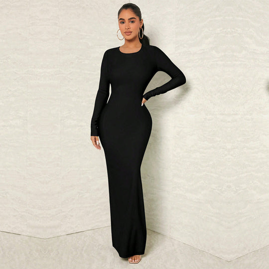 Damen figurnahes Maxikleid mit Rundhalsausschnitt, langem Arm und sculptender Taillenform Shop Nory