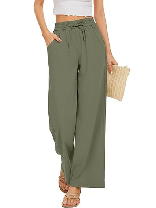 Damen Weite Leinenhose mit hohem elastischem Bund, Kordelzug und Eingrifftaschen Shop Nory