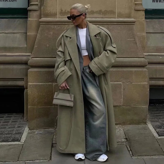 Damen Langer Trenchcoat mit Bindegürtel, doppelreihiger Knopfleiste und Epauletten Shop Nory
