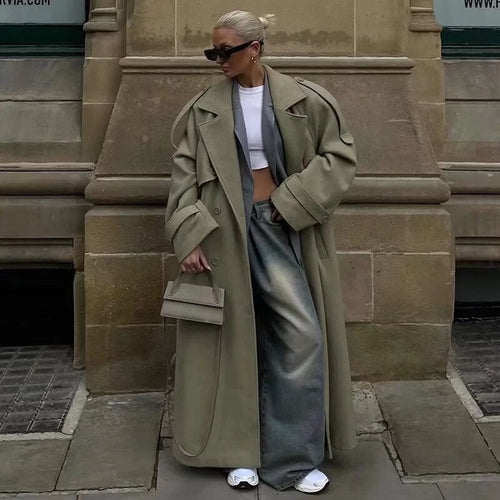Damen Langer Trenchcoat mit Bindegürtel, doppelreihiger Knopfleiste und Epauletten Shop Nory