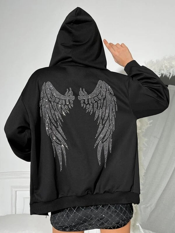 Damen nan Oversize Kapuzenpullover mit funkelndem Strass-Engelsflügel-Rücken Shop Nory