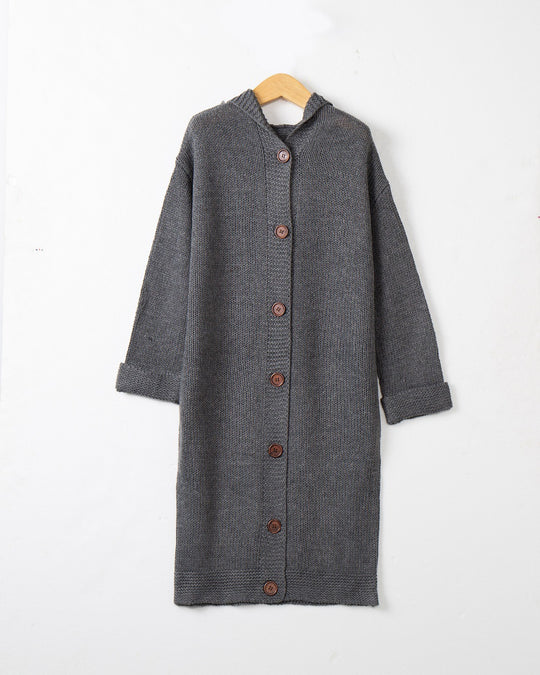 Damen Kapuzen-Longcardigan aus mitteldickem Rippstrick mit durchgehender Knopfleiste und lockerem Oversize-Schnitt Shop Nory
