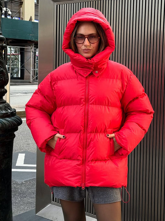 Damen Oversize Stepp-Pufferjacke mit abnehmbarer Kapuze und Zwei-Wege-Reißverschluss Shop Nory