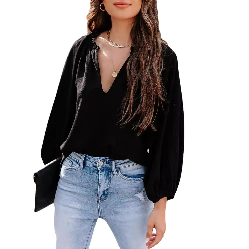 Damen elegante Bluse mit V-Ausschnitt