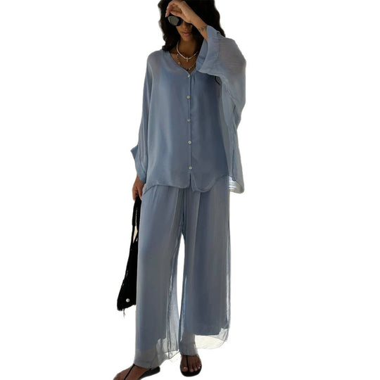 Damen Dreiteiliges Loungewear-Set aus leichter Viskose mit Oversize-Bluse, Top und weiter Palazzohose Shop Nory