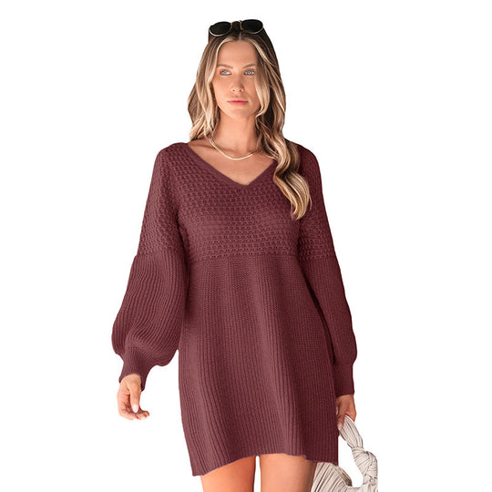 Damen Strickkleid mit V-Ausschnitt und Ballonärmeln Shop Nory