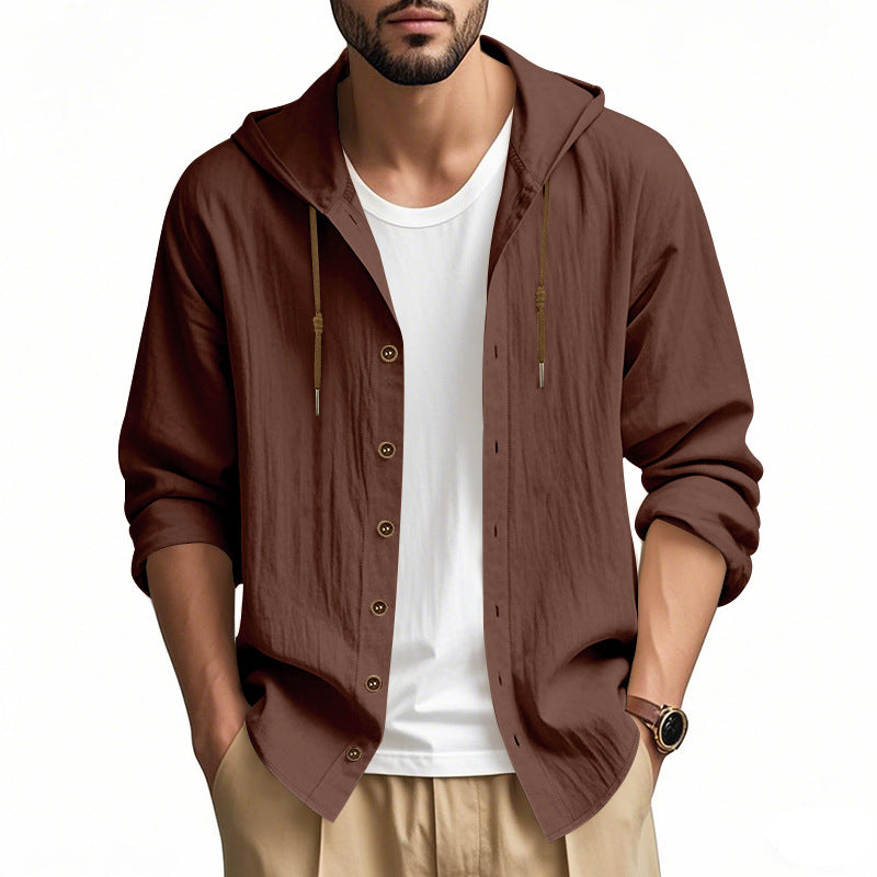 Herren nan leichtes Kapuzenhemdjacke aus Leinenoptik mit durchgehender Knopfleiste