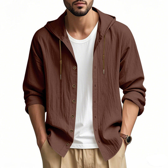 Herren nan leichtes Kapuzenhemdjacke aus Leinenoptik mit durchgehender Knopfleiste