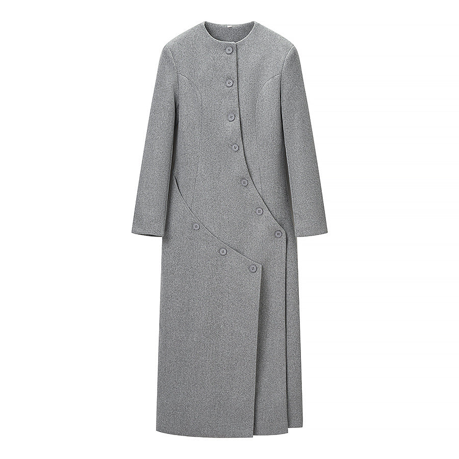 Damen Langer taillierter Wollmix-Mantel mit Rundhalsausschnitt und asymmetrischer Knopfleiste Shop Nory