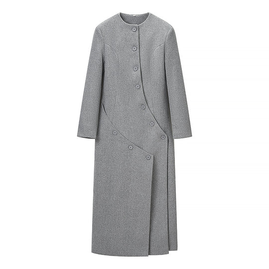 Damen Langer taillierter Wollmix-Mantel mit Rundhalsausschnitt und asymmetrischer Knopfleiste Shop Nory