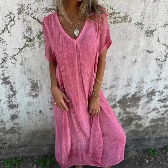 Damen lässiges Maxikleid aus leichtem Stoff mit V-Ausschnitt und kurzem Arm