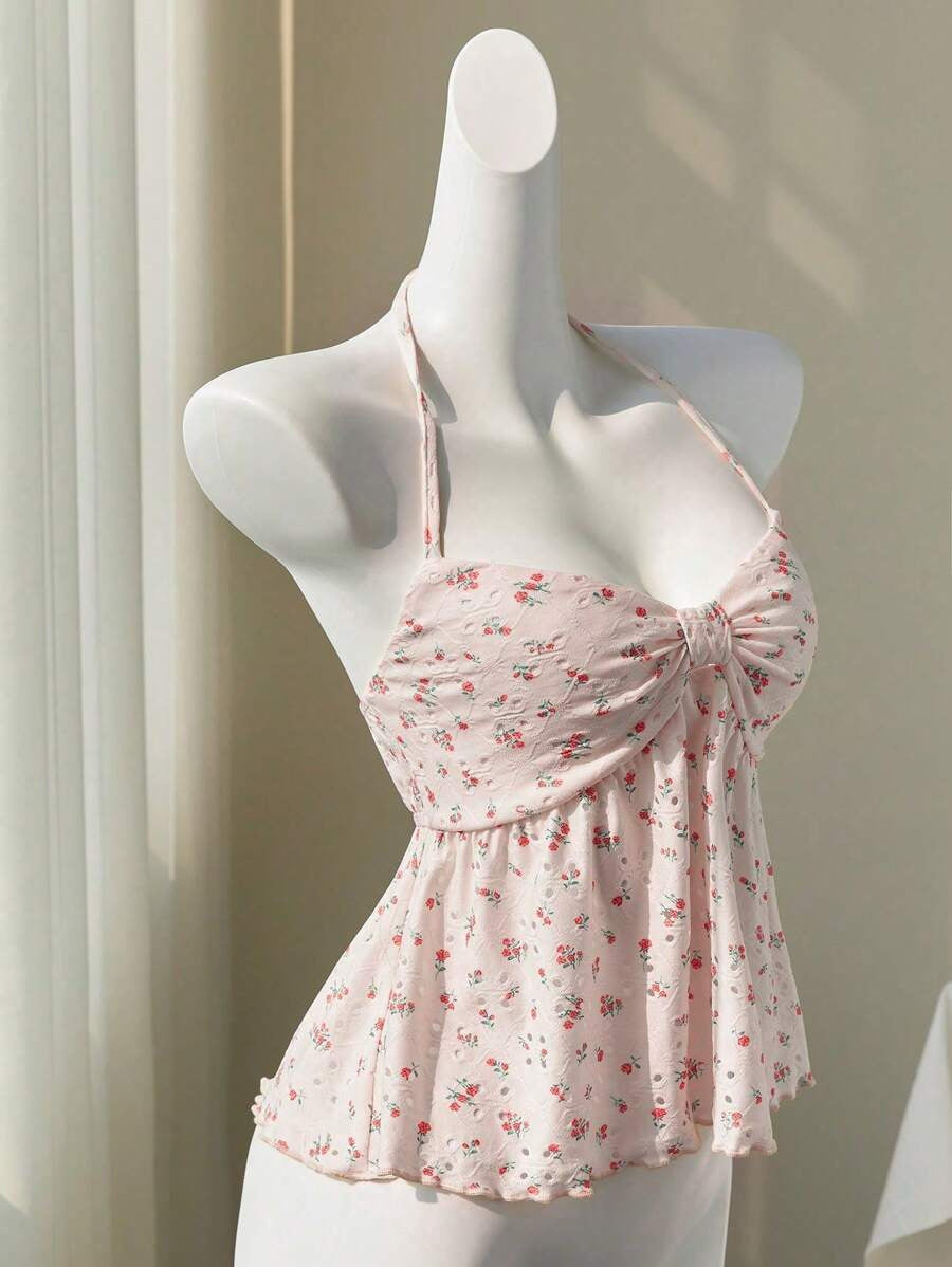 Damen romantisches Strandtop mit floralem Design und verspieltem Knoten