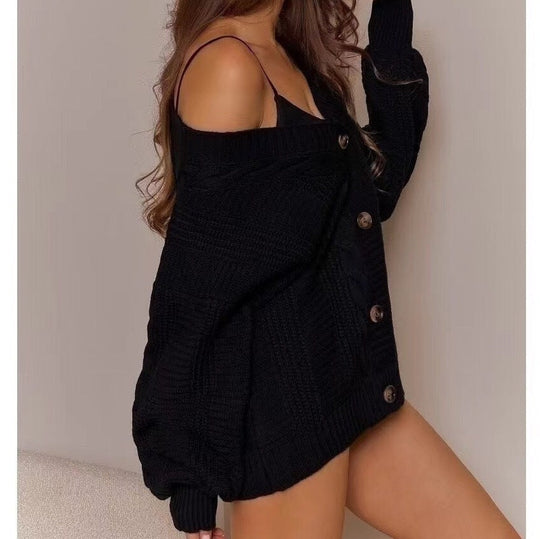 Damen Strickjacke mit tiefem V-Ausschnitt und einzigartigem Zopfdesign