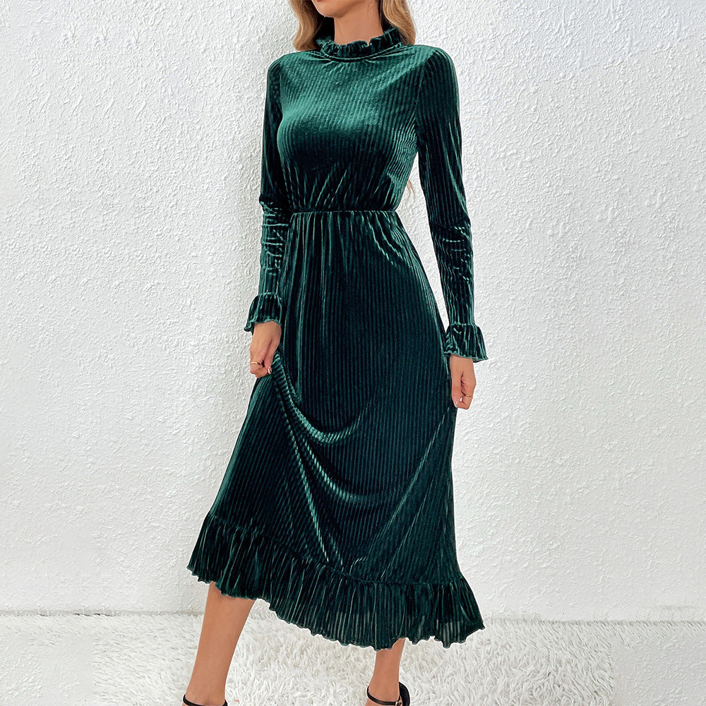 Damen Midikleid aus plissiertem Samt mit Stehkragen geraffter Taille und Volant-Saum Shop Nory