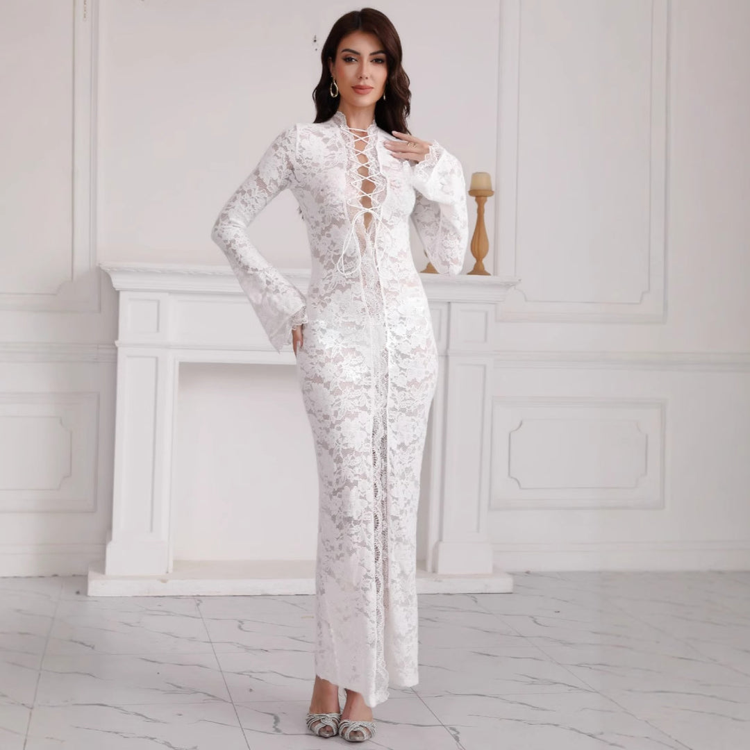 Damen Spitzenmaxikleid mit Schnürung und hohem Beinschlitz Shop Nory