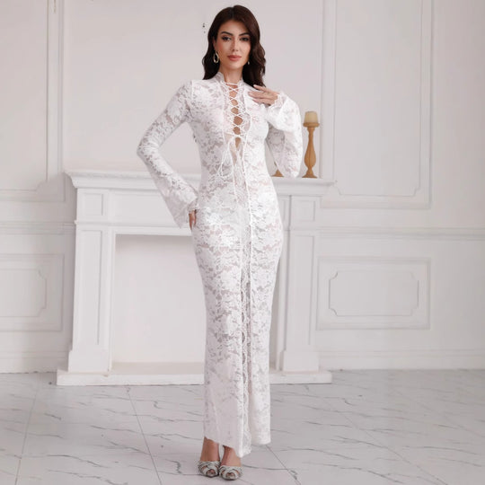 Damen Spitzenmaxikleid mit Schnürung und hohem Beinschlitz Shop Nory