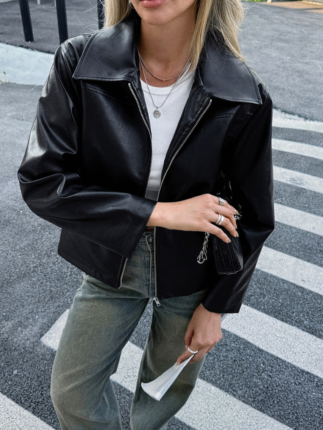 Damen nan elegante Kunstlederjacke mit Reißverschluss, Hemdkragen und Eingrifftaschen Shop Nory