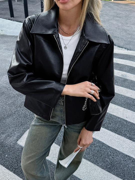 Damen nan elegante Kunstlederjacke mit Reißverschluss, Hemdkragen und Eingrifftaschen Shop Nory