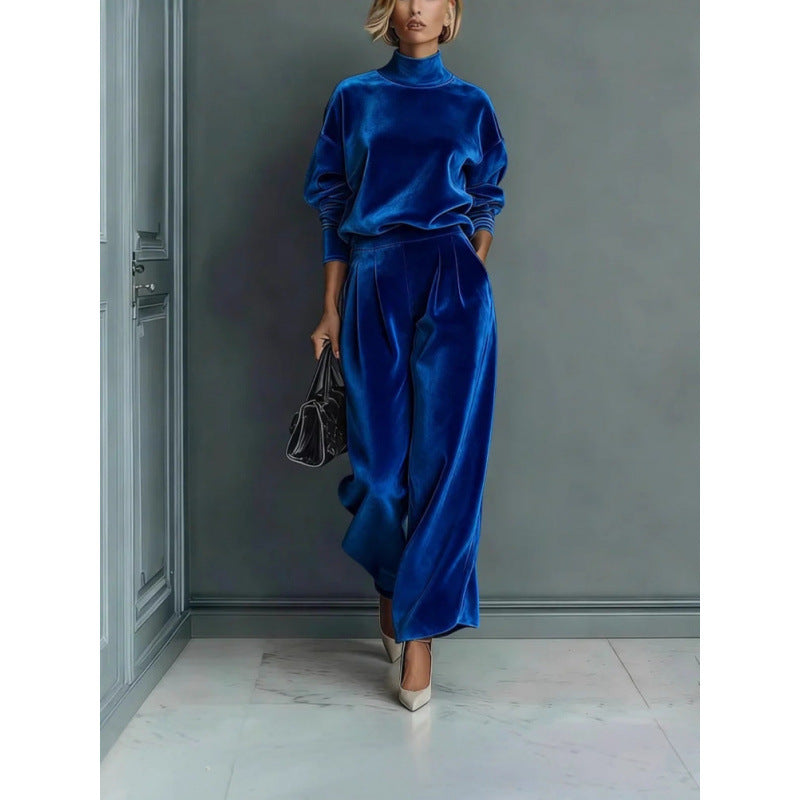 Damen Zweiteiliges Samt-Loungewear-Set mit Stehkragen und Plissee-Palazzohose Shop Nory