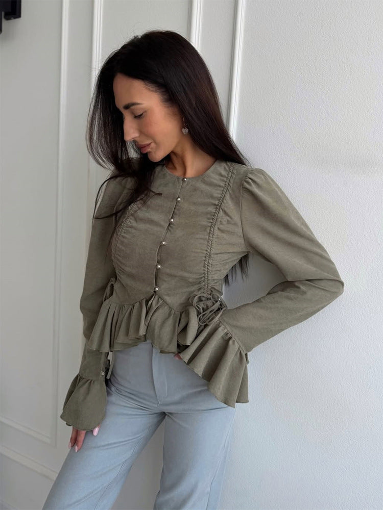 Damen Rüschenbesetzte taillierte Bluse mit Schößchen & Puffärmeln Shop Nory