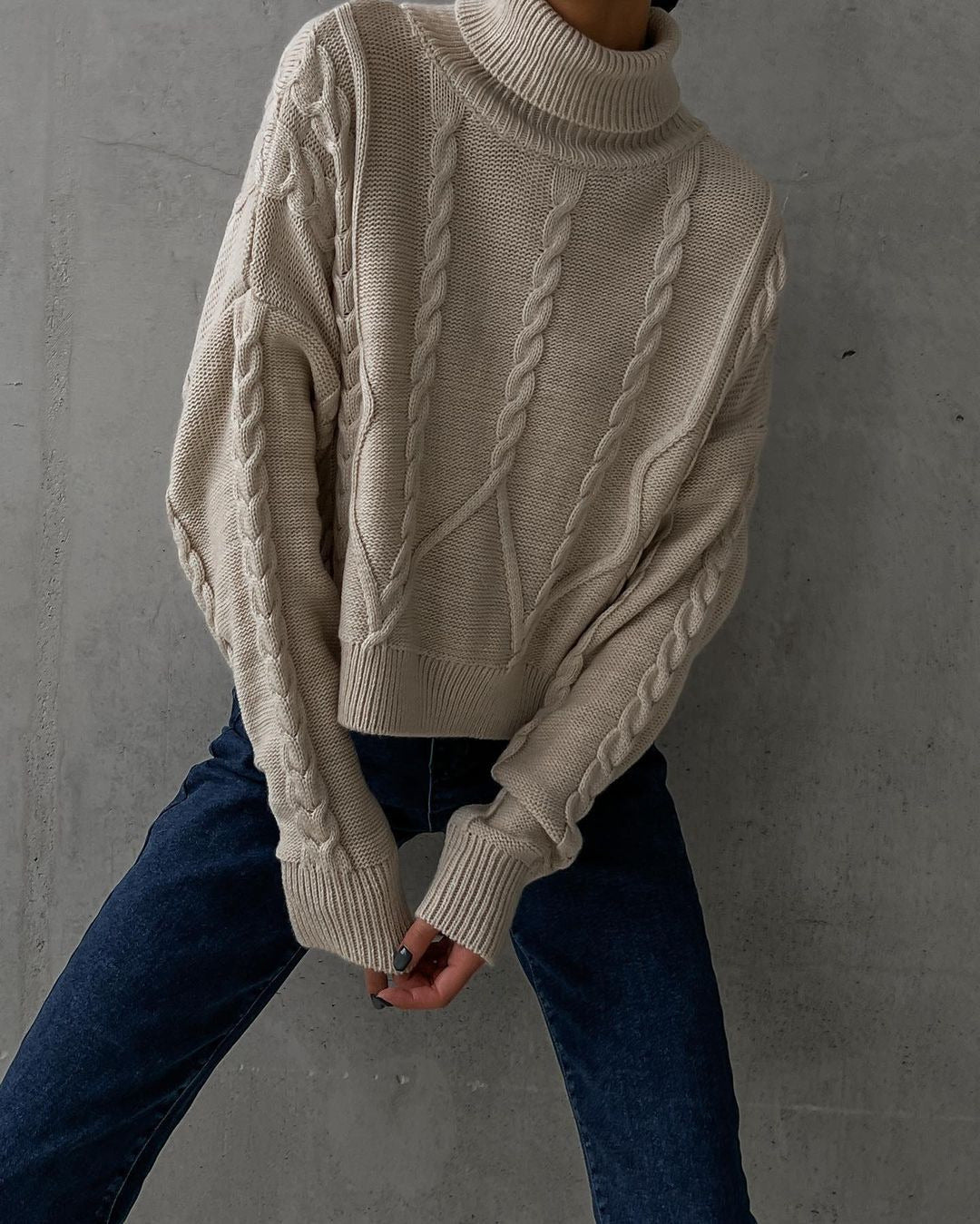 Damen Grobstrick-Rollkragenpullover mit Zopfstrick-Details Shop Nory