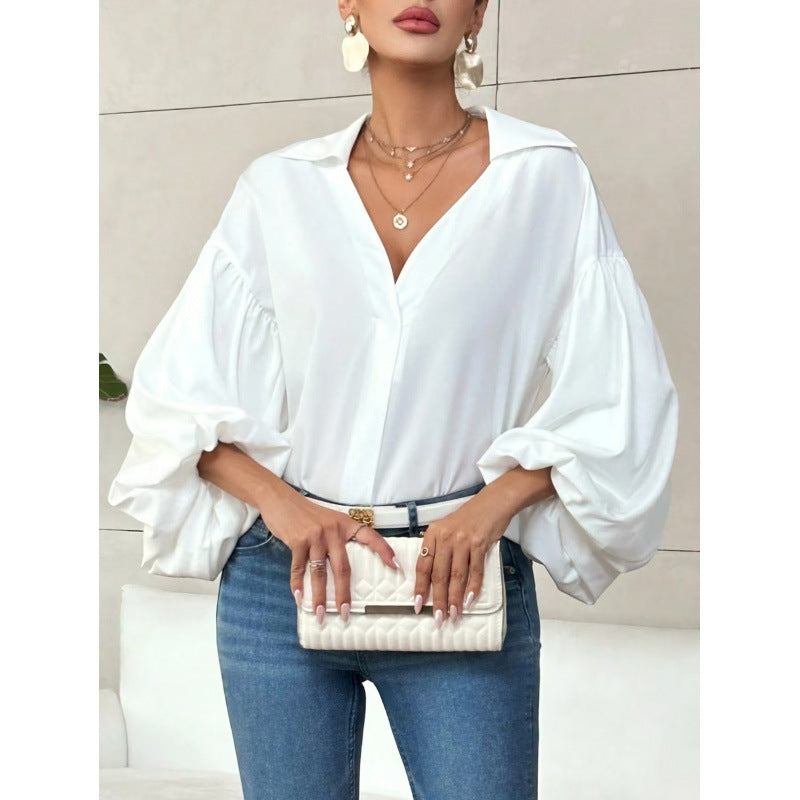 Damen Bluse mit voluminösen Ballonärmeln und elegantem Kragen