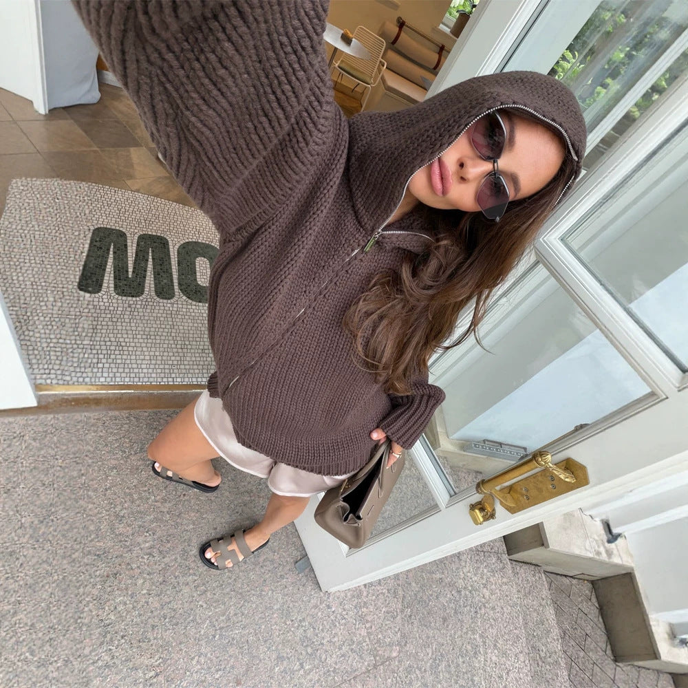 Damen Grobstrick-Zip-Cardigan mit hohem Kragen Shop Nory